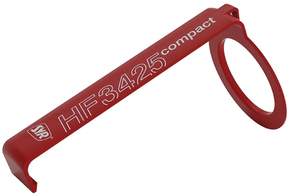 Roter Bügel mit einer Öffnung an einem Ende, gekennzeichnet mit "SYR." Das Produkt dient zum Halten oder Fixieren eines Heizungsfilters.